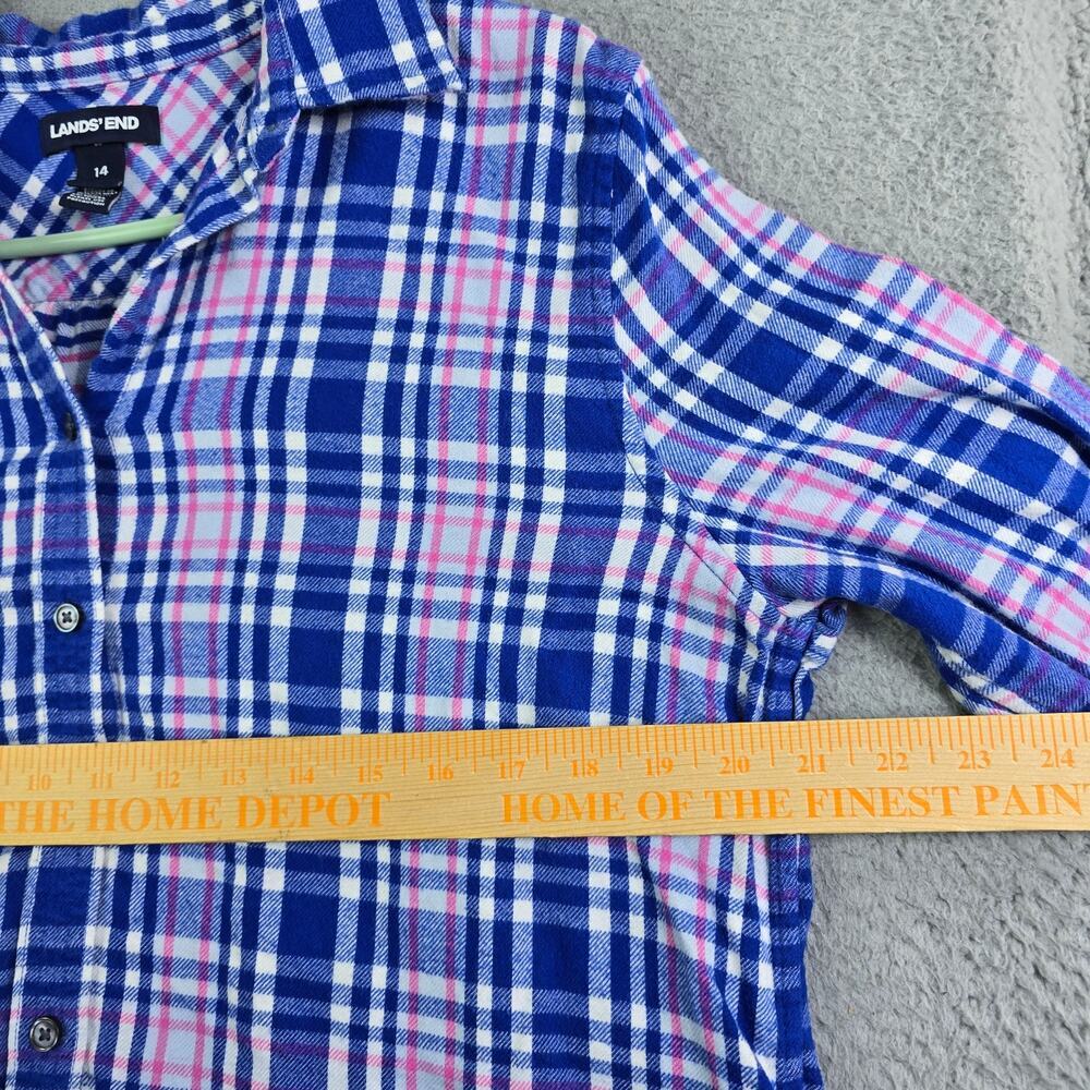 Lands End Flannel Button Shirt Blouse Women's 14 Blue Pink Cottage Farm Ranch - Picture 6 of 9